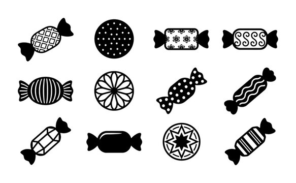 Minimalist candy icons set, black and white sweet confectionery silhouettes, 12 vector candy elements for food packaging and menu design