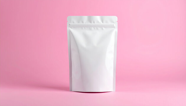 Mock-up of plain blank white glossy plastic zip bag, light pink background, perfect for branding presentation, packaging design showcase