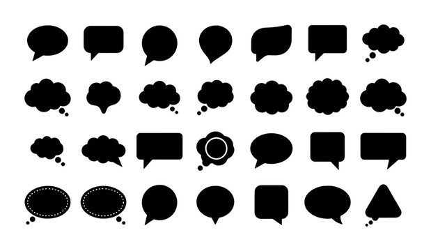Black speech bubble silhouettes, 28 comic thought bubbles and chat icons, minimalist communication vector set for social media and web design