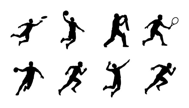 Athletic sports silhouettes set, 8 vector icons of people playing basketball tennis and volleyball, black male athlete figures running and jumping