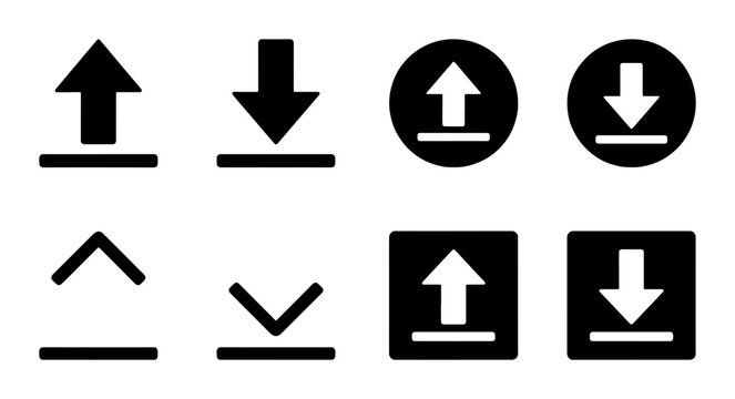 Minimalist upload and download arrow icon set, black flat vector symbols for data transfer, 8 interface elements for web and mobile apps