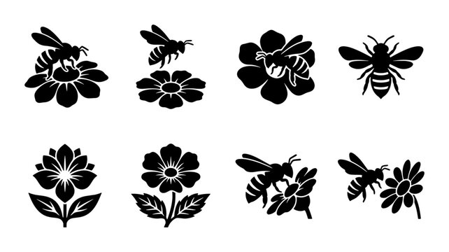 Honey bee silhouette icon set, 8 black bumblebee and flower vector elements, honeybee pollinating garden blossoms, minimalist insect and floral graphics