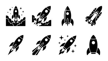 Rocket ship icon set, black space shuttle silhouettes, 8 vector spacecraft launch symbols, minimalist rocket ship graphic elements for business startup © Muna
