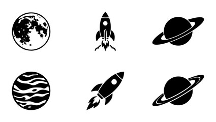 Minimalist space exploration icon set, black rocket ship and planet vector symbols, 6 celestial galaxy elements for web design and infographics © Muna