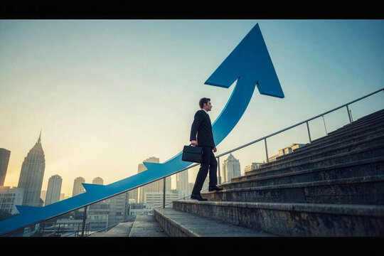 Businessman walk on stair ladder with growth arrow up gain improvement to success direction of job, work, industry concept with city building landscape and sky background
