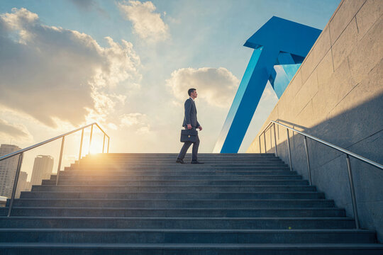 Businessman walk on stair ladder with growth arrow up gain improvement to success direction of job, work, industry concept with city building landscape and sky background