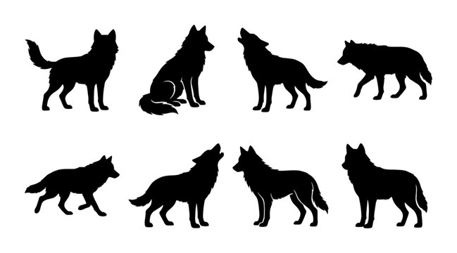 Wolf silhouette collection with 8 vector elements, black wild animal shapes in howling and standing poses, predatory canine icons for nature design