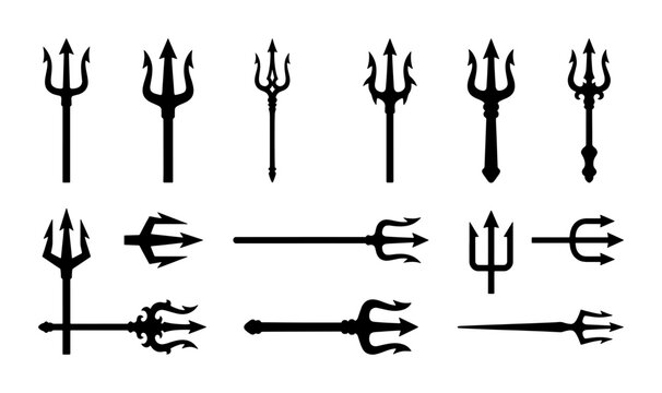 Black trident silhouette icons set, ancient greek mythology neptune spear collection, 12 nautical weapon vector elements for logo design