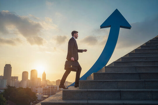 Businessman walk on stair ladder with growth arrow up gain improvement to success direction of job, work, industry concept with city building landscape and sky background