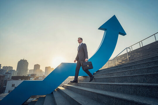 Businessman walk on stair ladder with growth arrow up gain improvement to success direction of job, work, industry concept with city building landscape and sky background