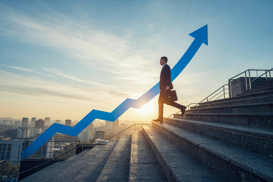 Businessman walk on stair ladder with growth arrow up gain improvement to success direction of job, work, industry concept with city building landscape and sky background