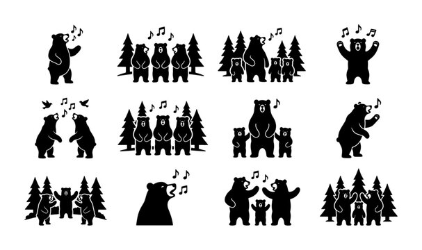 Black silhouette singing bear icons, set of 12 musical forest animal vectors, grizzly bear choir with music notes and pine trees, wild animal silhouettes