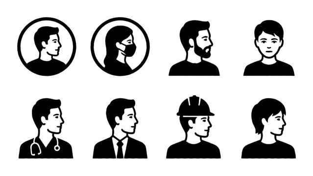 Minimalist profile avatar icons set, black and white human head silhouettes, professional user portraits for business and medical web design