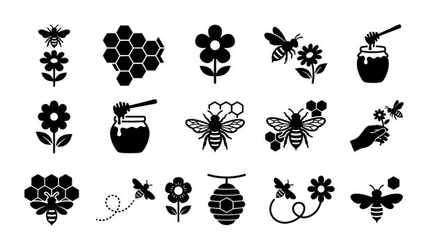 Honey bee icon set, black silhouette bumblebee and honeycomb vector elements, 15 organic apiary and beekeeping symbols for nature branding