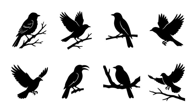 Black bird silhouette collection, set of 8 flying and perched songbird icons, minimalist crow and raven vector shapes for nature logos and wildlife design