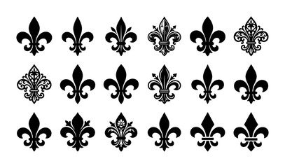 Vintage fleur de lis vector icons set, royal lily heraldic symbols collection, black ornamental floral emblems for luxury branding and crest design © Khalilur