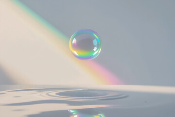 Naklejka premium Single floating soap bubble with soft reflection representing cleanliness, freshness, and light minimal concept.