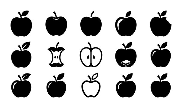 Minimalist apple icon set, 15 black silhouette fruit symbols, flat vector apple collection with bitten and half cut shapes for food branding