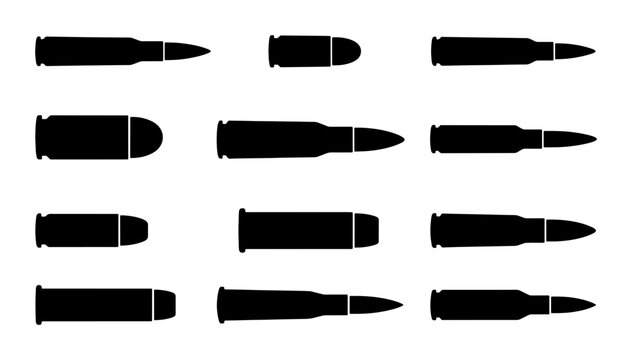 Black bullet silhouettes set of 12 gun ammunition icons, rifle and pistol cartridge vector graphics, weapon ammo clip art for military and hunting designs