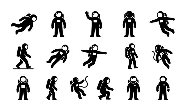 Astronaut stick figure icons set, 16 spaceman silhouette vector elements, black cosmonaut pictograms in space suits for science and exploration infographics