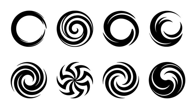 Abstract spiral swirl icons set, black circular vortex shapes and hypnotic wave symbols, 8 vector motion elements for logo design and branding