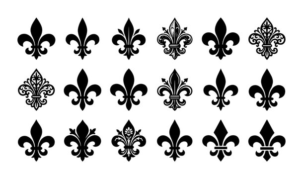 Vintage fleur de lis vector icons set, royal lily heraldic symbols collection, black ornamental floral emblems for luxury branding and crest design
