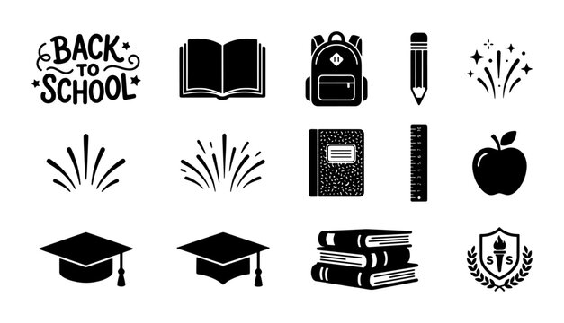 Back to school vector icon set, black silhouette education symbols, academic graduation elements for student supplies and learning materials