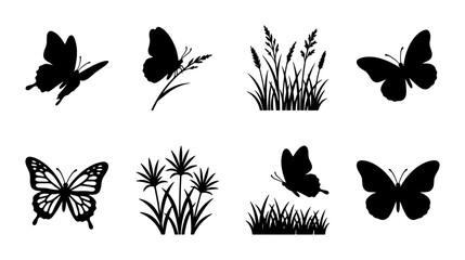 Black butterfly silhouettes and meadow grass set, 8 nature vector icons, wild butterfly flying over floral plants, minimalist garden insect collection © Mouri