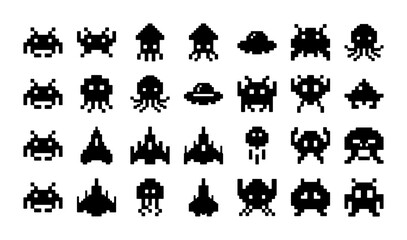 Retro pixel art space invaders icons, 28 vintage arcade game sprites collection, black 8-bit alien monsters and spaceship vector set © Mouri