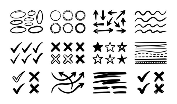 Hand drawn marker strokes and doodle elements, black ink brush arrows and circles, sketch check marks and cross symbols vector set