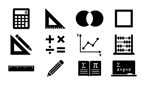 Mathematics and education icon set, black flat vector math symbols, school supplies and geometry tools collection for academic design