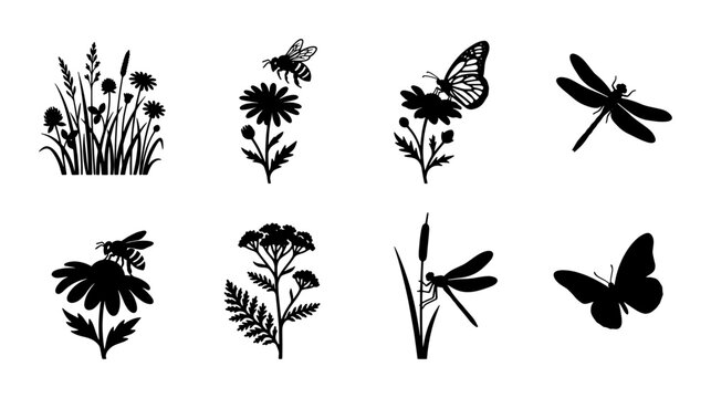 Black meadow insect silhouettes, wildflower and butterfly vector icons, set of 8 garden nature elements for summer branding and botanical design