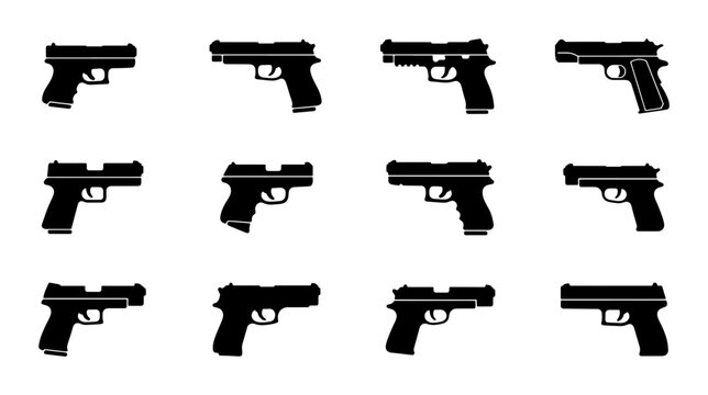 Handgun silhouette collection, set of 12 black pistol vector icons, modern semi-automatic firearm shapes for security and tactical design
