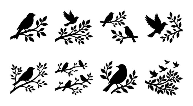 Black bird silhouette collection on tree branches, set of 8 nature vector icons, flying and perched songbird silhouettes for garden decor and logo design
