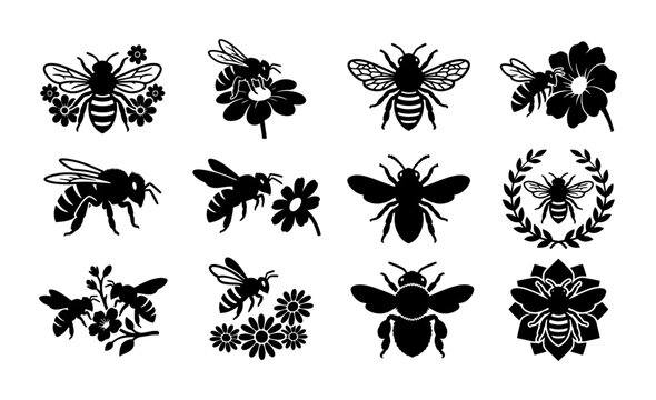 Vintage honey bee silhouettes, 12 black bumblebee icons with flowers and wreaths, rustic insect vector set for organic branding and honey labels