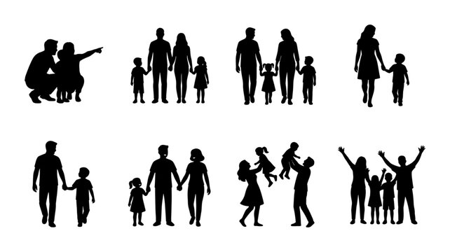 Family silhouette vector collection, black human figures of parents and children, set of 8 diverse family groups and people icons for infographic design