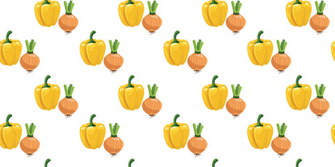 Obraz premium organic yellow bell pepper and onion seamless pattern on white background