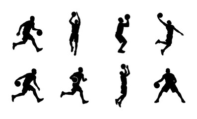 Basketball player silhouette set, 8 vector athlete icons in action, black sports figures dribbling and shooting, professional basketball player poses © Belal