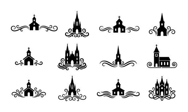 Vintage church silhouette icons with decorative flourishes, set of 12 religious building vector logos, elegant cathedral and chapel symbols for wedding stationery