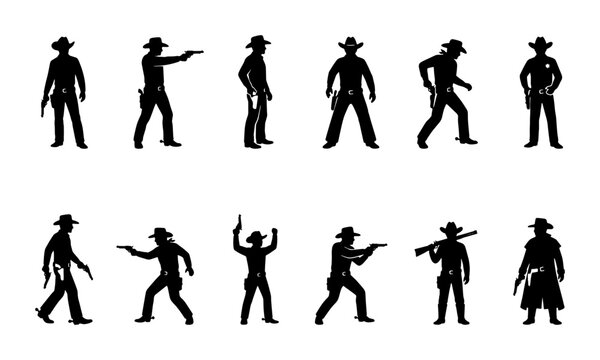 Wild West cowboy silhouettes set, 12 western outlaw and sheriff vector characters, black gunfighter and bandit figures for graphic design