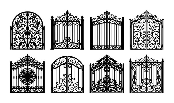 Wrought iron gate silhouettes, set of 8 decorative metal fence portals, vintage ornate garden entrance vectors with floral filigree and scrollwork