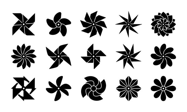 Minimalist pinwheel icon set, black paper windmill silhouettes, 15 geometric wind spinner vector elements for logo design and web interface