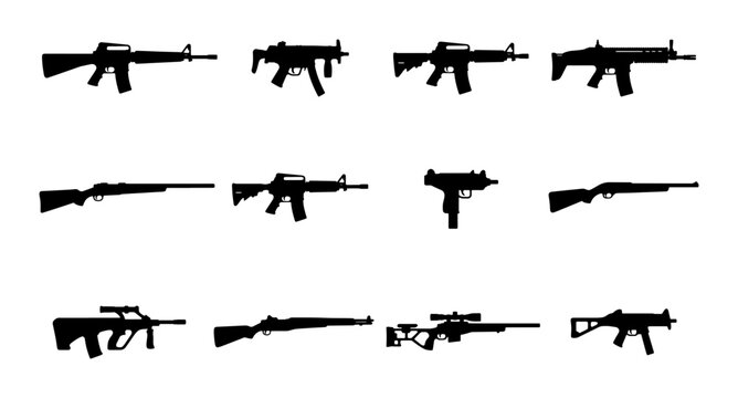 Military assault rifle silhouettes, set of 12 tactical firearm icons, black gun vector collection for gaming and security design