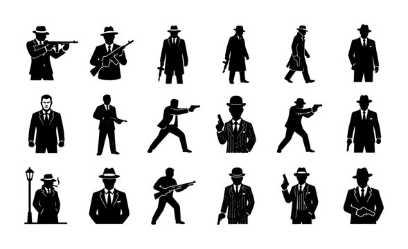 Vintage gangster silhouettes set, 18 noir mafia hitman vector icons, retro criminal underworld characters with guns and fedora hats