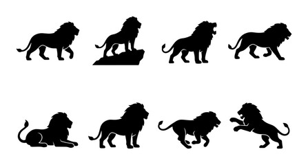 Lion silhouette vector collection, set of 8 wild cat animal icons, black predatory lion shapes in various poses, safari wildlife graphics © Nusrat