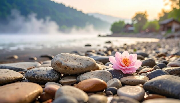 Smooth river stones and a delicate pink lotus flower nestled on a misty riverbed at sunrise