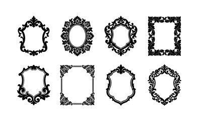 Obraz premium Vintage ornate frames collection, 8 black baroque border vectors, antique filigree mirror frames, elegant damask decorative elements for wedding invitations