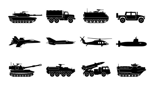 Military vehicle silhouette icons set, 12 black army transport vectors, armored tank and fighter jet symbols, naval submarine and missile truck graphics