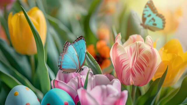 Brightly colored tulips bloom beside a blue butterfly. Soft-focus background highlights vibrant spring colors. Foliage frames the scene with natural depth and texture