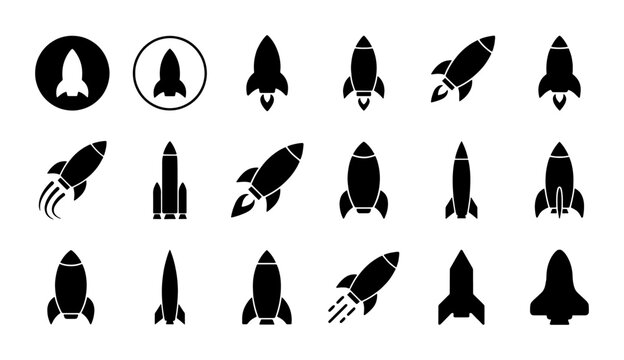 Minimalist rocket ship icon set, black silhouette spacecraft vector collection, 18 startup launch symbols for business growth and space exploration